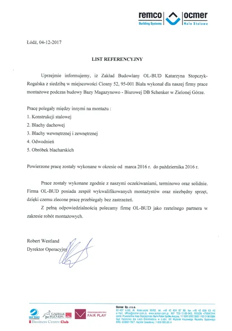 Podgląd listu referencyjnego OCMER