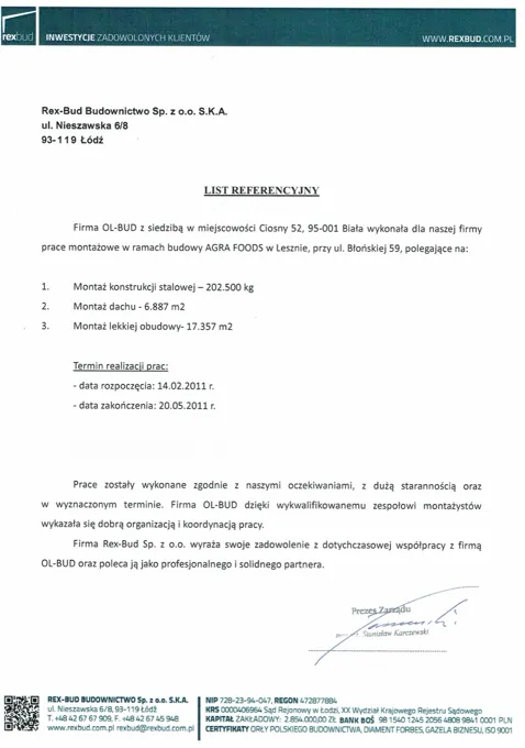 Podgląd listu referencyjnego Rex-Bud
